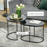 thumbnail of Couchtisch 2er Set rund und oval 50x50x51 cm Schwarz stapelbar mit verstellbaren Füßen Marmoroptik MDF Tischplatte Stahlgestell