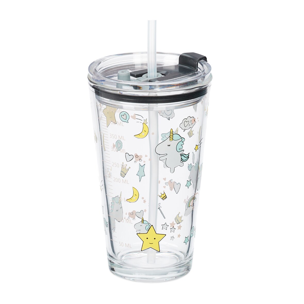 Relaxdays Kindergläser 4er Set, Einhorn-Motiv, Trinkglas Kinder, Deckel & Strohhalm, 450 ml Skala, Saftglas, transparent