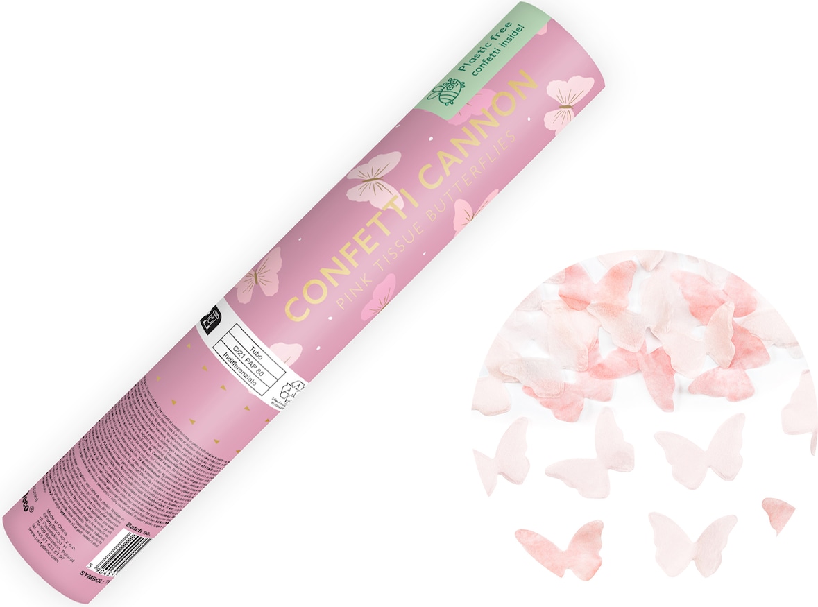 Konfettikanone mit Schmetterlingen 20cm Konfetti Kanone Party Popper Geburtstag Hochzeit Konfettiregen Shooter Konfettibombe Rosa