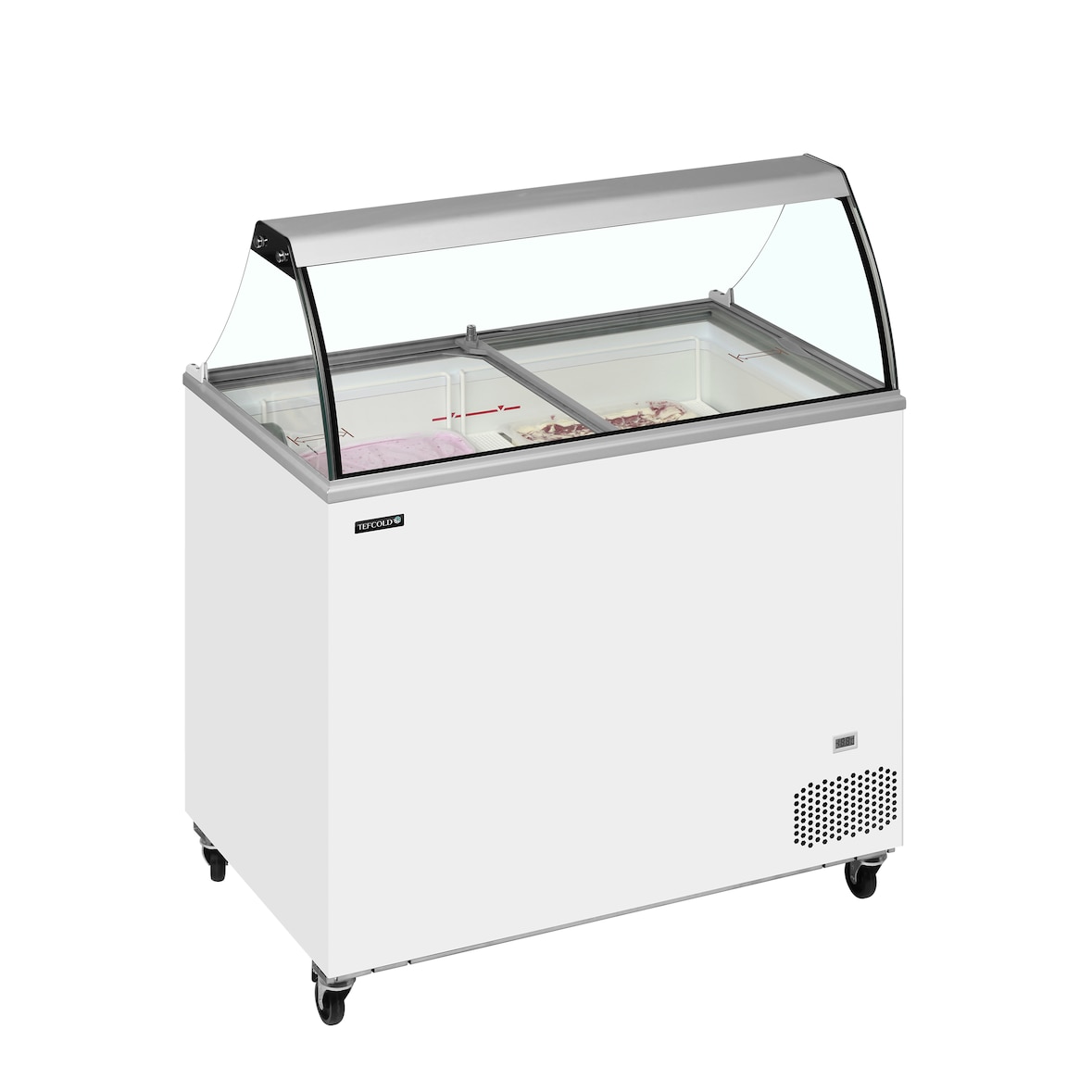 Vitrine para sorvetes TEFCOLD com balcão, em aço e vidro, refrigeração profissional, branca.