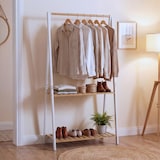 thumbnail of Bambus Standgarderobe HWC-Q32, Garderobenständer Kleiderständer Schuhregal, Stange 2 Ablagen 130x70x44cm ~ natur-weiß