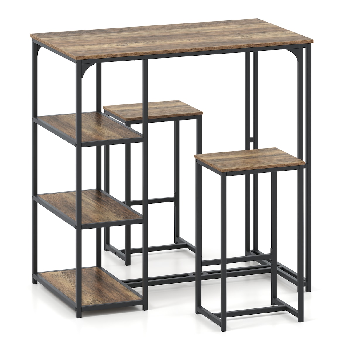 COSTWAY Bartisch mit Barhocker-Set, für 2 Personen Bartisch-Set mit 3 Staufächern, Vintage-Küchentheke