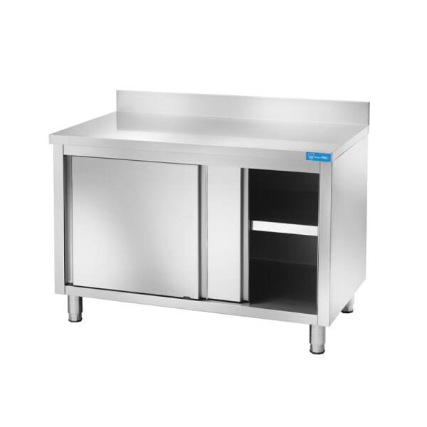 Tavolo in acciaio inox armadiato con porte con alzatina L1500xP700xH850 mm - linea basic