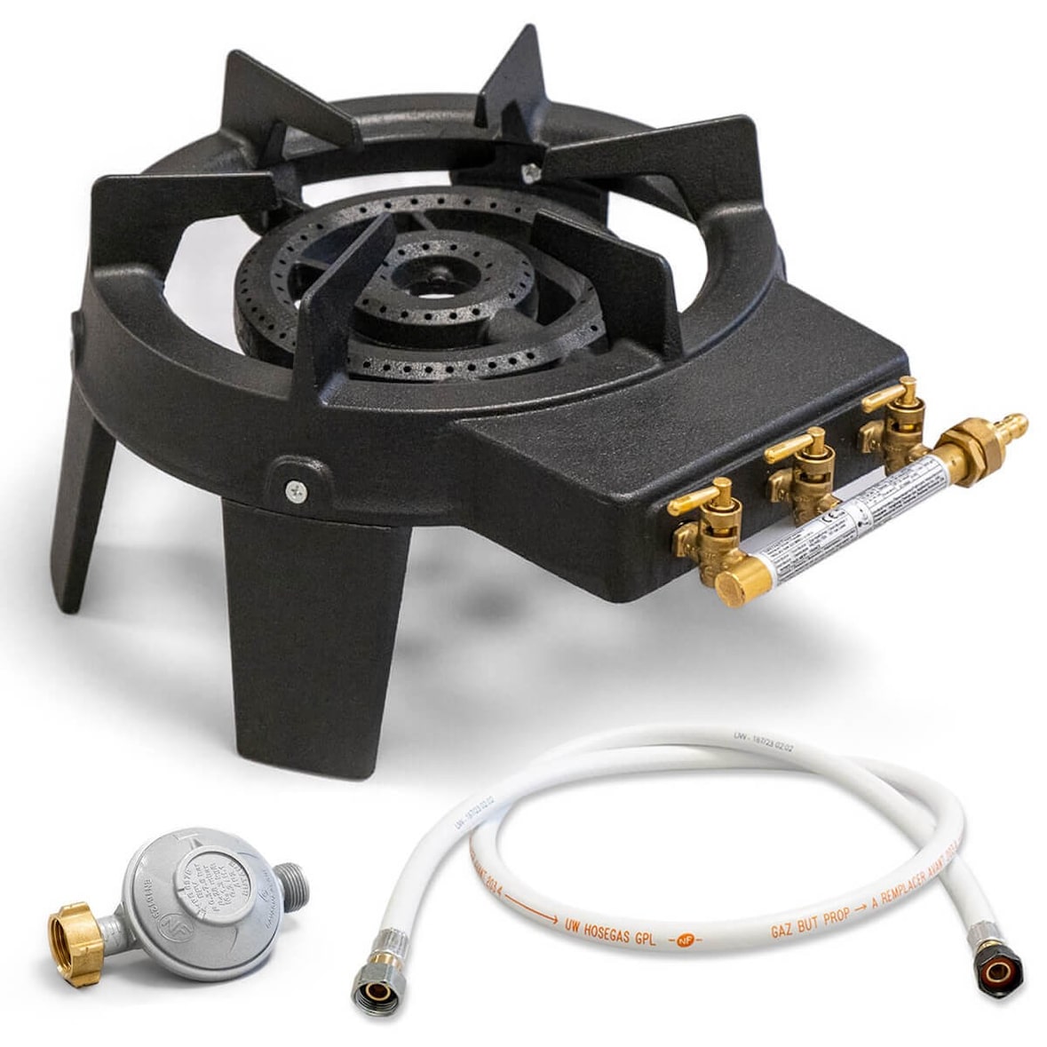 Rechaud gaz fonte véritable 9.8 KW 4 pieds 3 robinets + Tuyau gaz 1.50m et Détendeur Butane