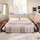 thumbnail of Merax LED Stauraumbett Polsterbett 180x200 Doppelbett aus Leinen mit 4 Schubladen & 2 Steckdosen & 2 USB & Lattenrost Beige