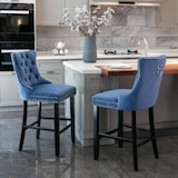 thumbnail of Barhocker Set 2 Samt Blau 103x50x60 cm mit Knopfheftung Ziernägeln Massivholzbeinen höhenverstellbaren Fußgleitern und hohem Rücken