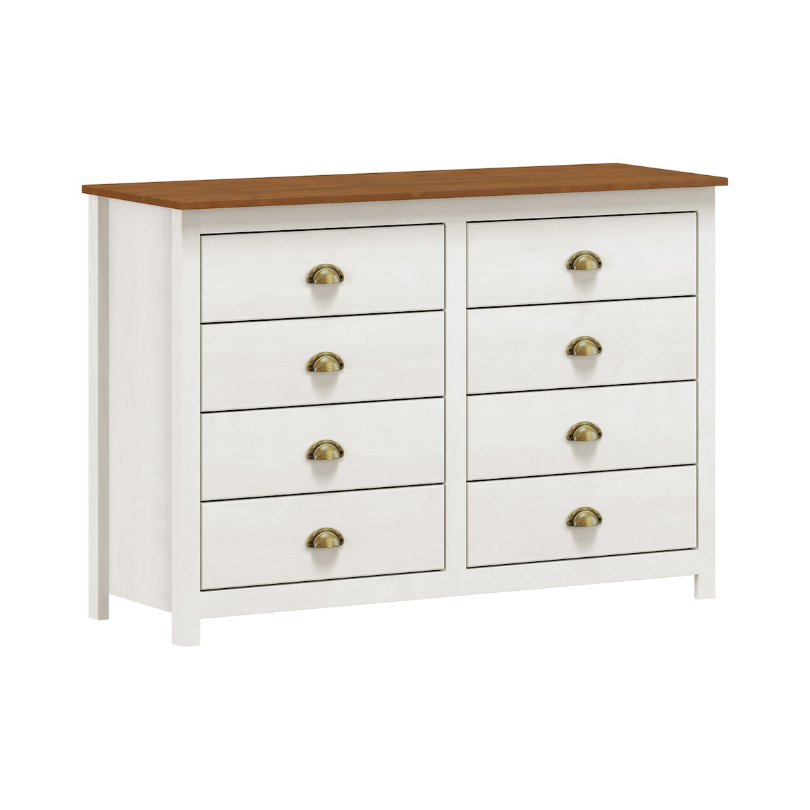 Möbilia Kommode | 8 Schubladen | Kiefer massiv | weiß-braun | B 125 x T 41 x H 85 cm