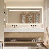 thumbnail of 【RW4822-130BKK】Waschbecken Doppelspüle Spüle mit zwei Becken Waschbecken Set Spüle ohne Armaturenloch Keramik mit LED-Spiegel, Ablageplatte, Schrank