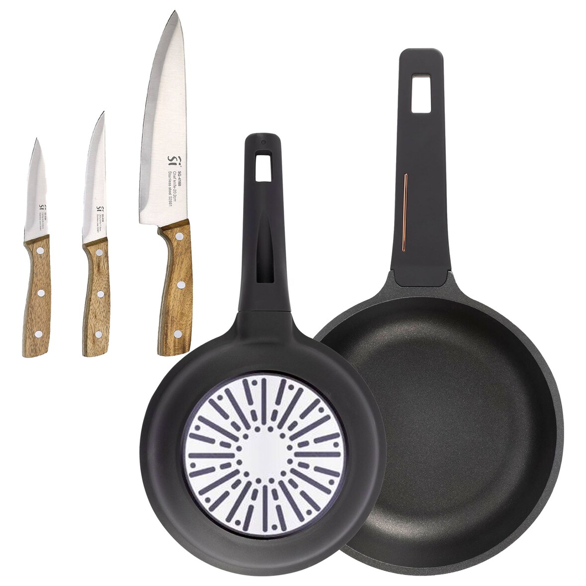 BERGNER - Pfannen Ø20/24cm aus Gusseisen geeignet für Induktion mit Set aus 3 Küchenmessern Edelstahl