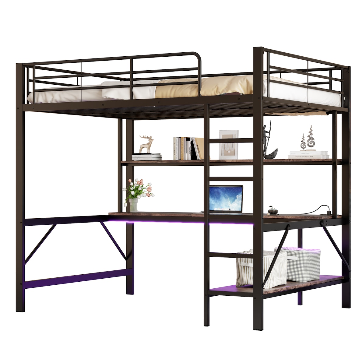 Hochbett 140x200 mit Geländer, Trittleiter, Schreibtisch, Regalen, LED-Beleuchtung, USB und Steckdose, Metallrahmen, funktionales Loftbett Schwarz