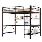 thumbnail of Hochbett 140x200 mit Geländer, Trittleiter, Schreibtisch, Regalen, LED-Beleuchtung, USB und Steckdose, Metallrahmen, funktionales Loftbett Schwarz