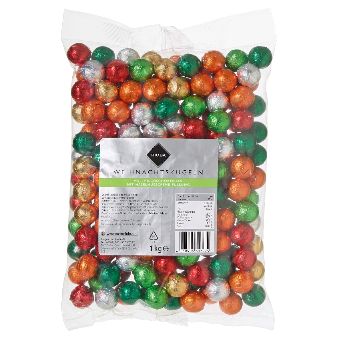 RIOBA Weihnachtskugeln Vollmilchschokolade mit Haselnusscreme-Füllung (1 kg)