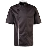 thumbnail of 224 - Kochjacke halbarm, Druckknöpfe, Fb. schwarz mit farbiger Paspel : weiß 65% Polyester 35%Baumwolle 220 g/m² 3XL