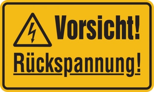 Warnschild, Vorsicht! Rückspannung!, 120 x 200 mm - 200x120x0.6 mm Magnetfolie