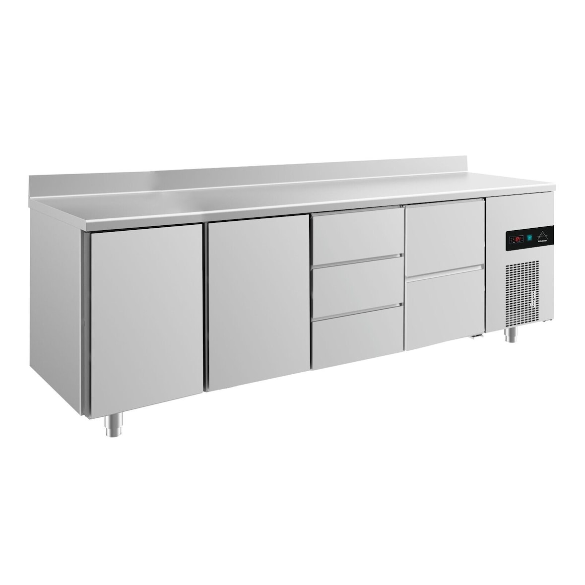 Gastro Kühltisch 2 Türen links&mittig 3/2 Schubladen mittig&rechts Umluftkühlung Aufkantung, 2330x700x850mm -2/+8°C  632l