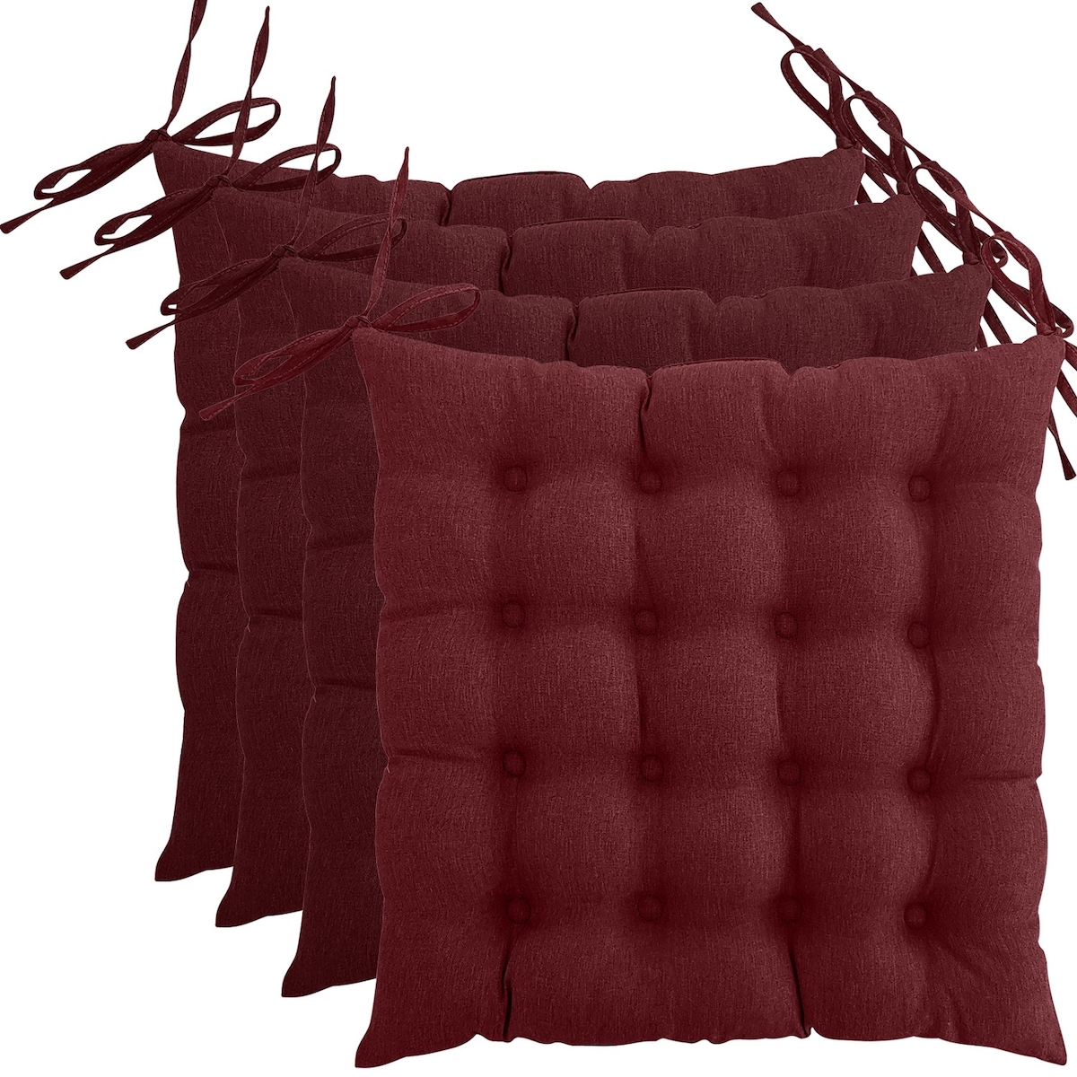 wometo 4er Set Sitzkissen Stuhlkissen 40x40 OEKO-TEX - dunkelrot weinrot Sitzauflage Bank Polster Sitzpolster mit Bändern / Schleife, Indoor / Outdoor