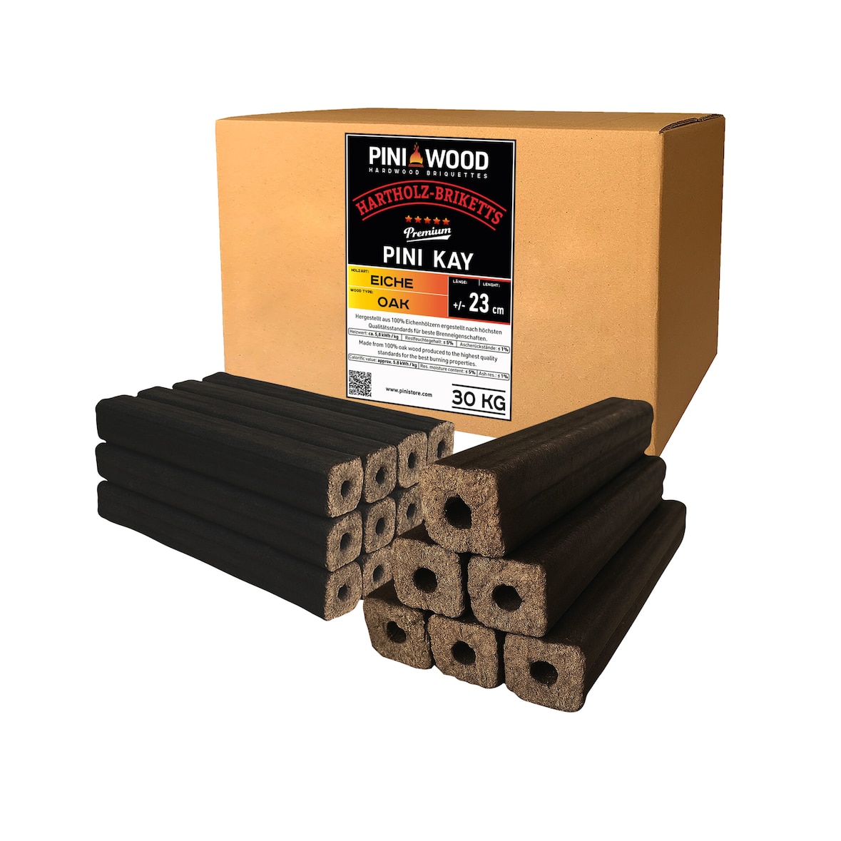 PINI Kay 30 kg eiken houtbriketten 23 cm lang vierkant met trekgat hardhoutbriketten brandhout houtbriketten eiken open haard kachel barbecue