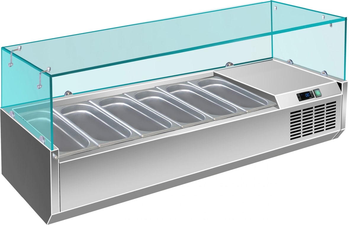 Gastro Edelstahl Kühlaufsatz Aufsatzkühlvitrine Pizzakühlaufsatz 6 x 1/3 oder 5 x 1/3 GN + 1/2 GN mit Glasaufsatz