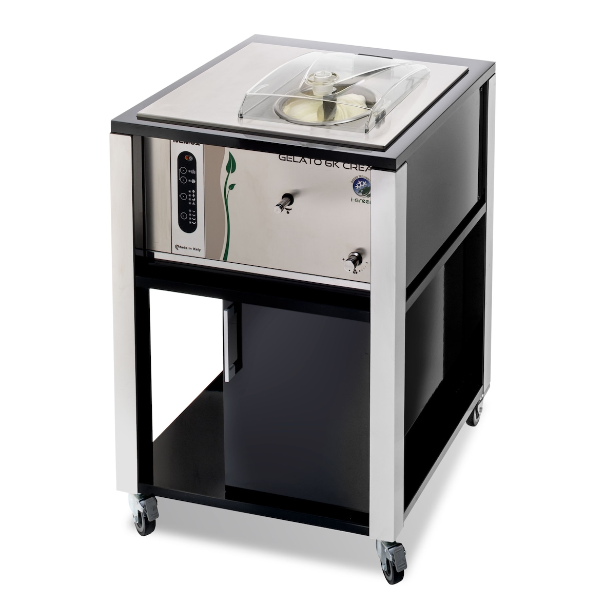 Mantecatore automatico su carrello. Produzione 7 kg/ora. Vasca fissa con scarico. Struttura inox. Raffreddamento aria. Modello Gelato 6K T-Mobile