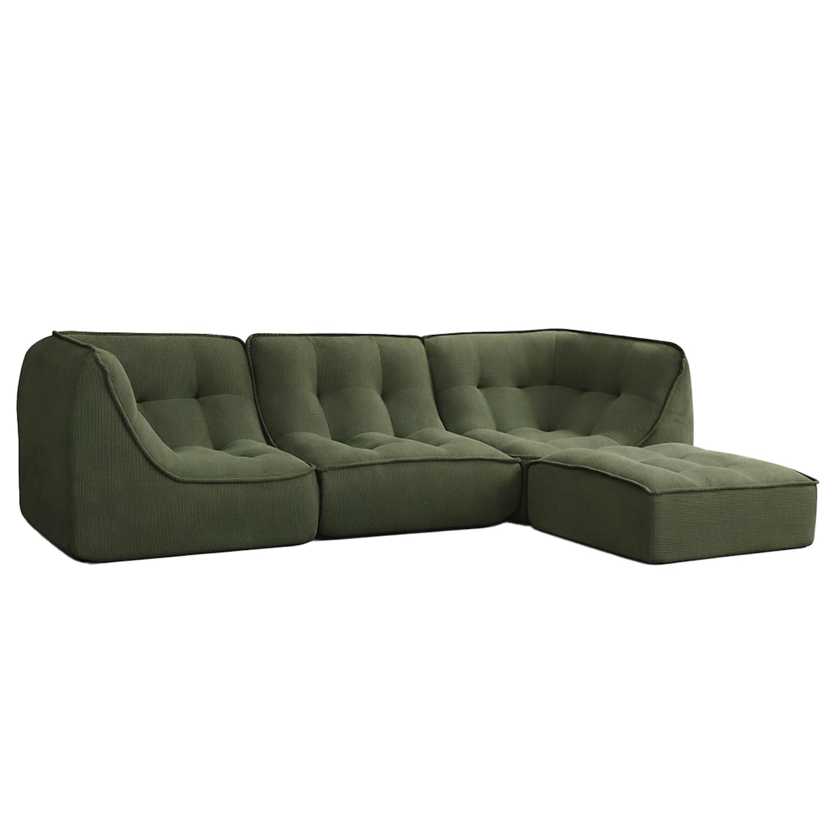 Sofá modular con otomana, tela, 260 x 165 x 70 cm, 3 plazas, verde