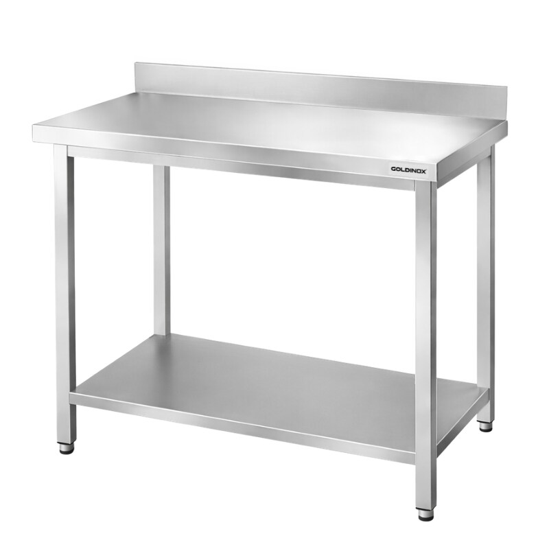 Edelstahl-Arbeitstisch Bar 1200x700 mm mit 1 unterem Regal und Aufkantung PREMIUM - GOLDINOX