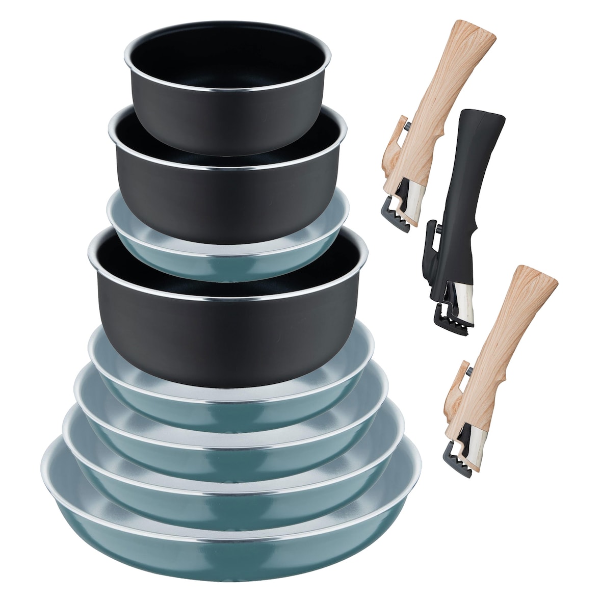 BERGNER Click&Cook - Set aus 5 Bratpfannen Ø18/Ø20/Ø22/Ø24/Ø26cm aus gepresstem Aluminium, dazu 3 Stielkasserollen Ø16/18/20cm und 3 abnehmbare Griffe