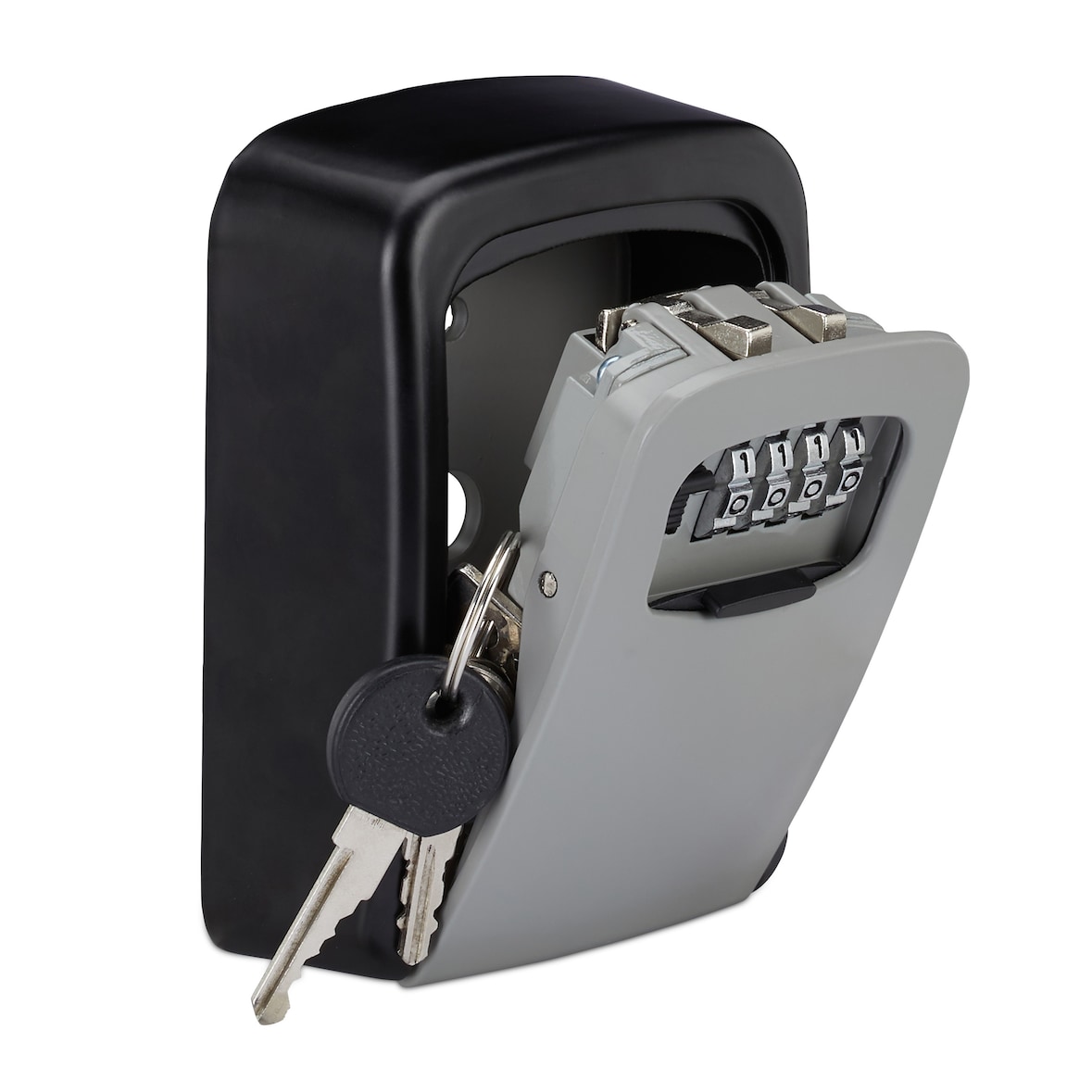Relaxdays Schlüsseltresor, 4-stelliger Zahlencode, Schlüsselsafe zur Wandmontage, außen, HxBxT 11,5x9x4 cm, schwarz/grau