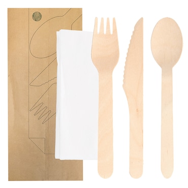 Garcia de Pou Set 4/1 Forchetta, Coltello, Cucchiaio, Tovagliolo 'Makan'  16 Cm Naturale Legno (100 Unità)