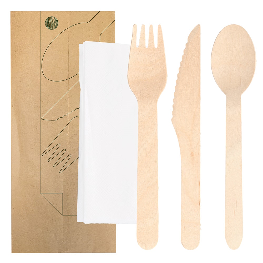 Garcia de Pou Set 4/1 Forchetta, Coltello, Cucchiaio, Tovagliolo 'Makan'  16 Cm Naturale Legno (100 Unità)