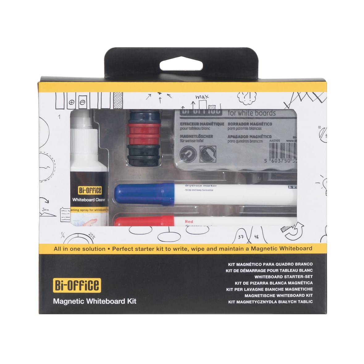 Bi-Office Kit Magnético para manutenção de Quadros Brancos - Apagador magnético, 4 marcadores, 6 ímanes e spray de limpeza
