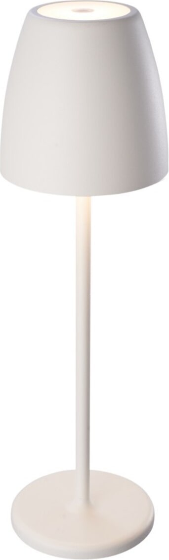 Eine weiße Tischlampe mit einem runden Sockel.