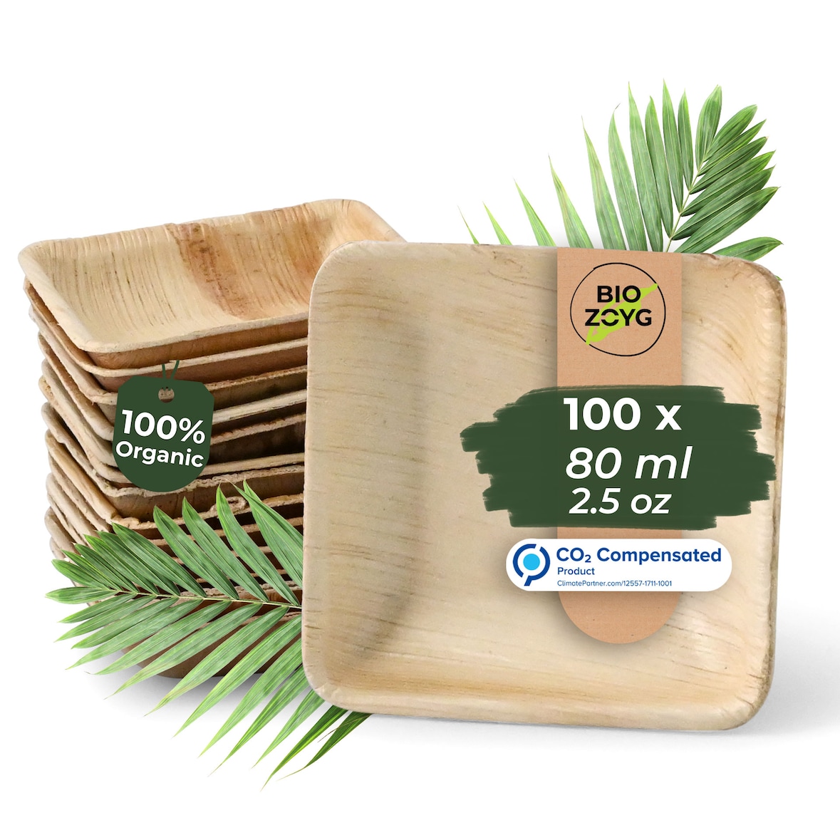 BIOZOYG 100 Stück Dipschälchen 80ml quadratisch Einwegschälchen Palmblattschälchen Snackschälchen, kompostierbar, ideal für Fingerfood und Snacks