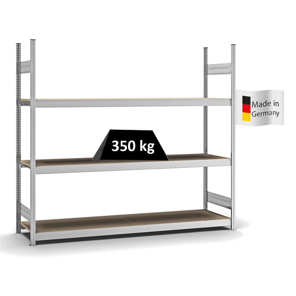PROREGAL Weitspannregal Stecksystem T-Profil | HxBxT 200x225x50cm | 3 Ebenen | Spanplatten-Fachboden | Fachlast 350kg | Verzinkt | Lagerregal
