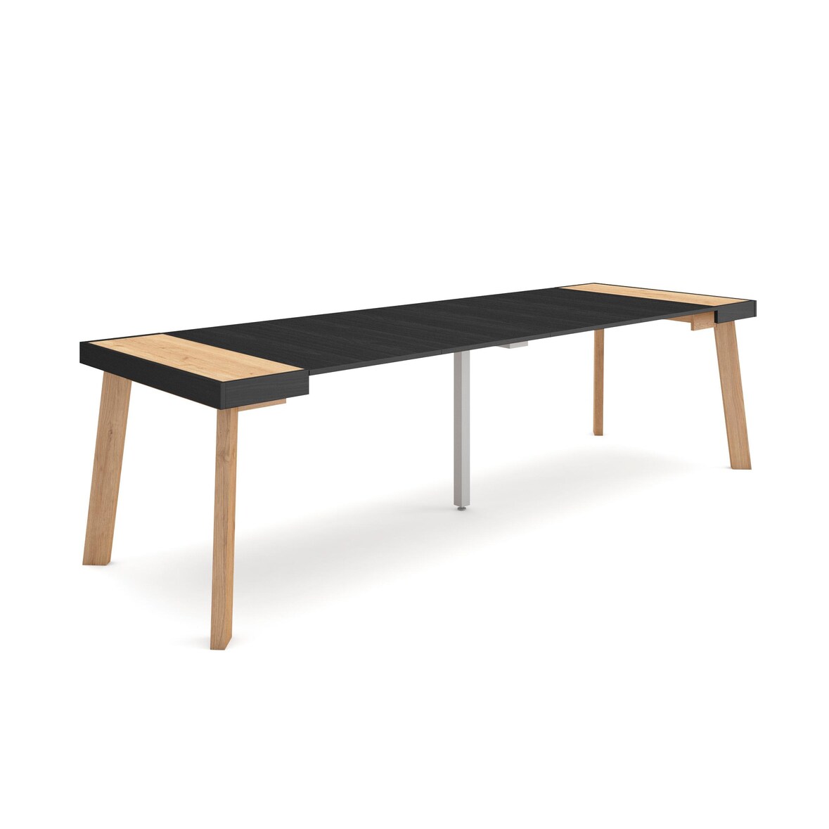 Ausziehbarer Konsolentisch, 262x90x73cm, Für 12 Personen, Holzbeine, Moderner Stil, Eiche und Schwarz _ 360_25