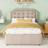 thumbnail of Polsterbett 90x200 mit Stauraum, Einzelbett mit zwei Schubladen, verstellbarer Nachttisch, gepolstertes Bettgestell Beige+Braun