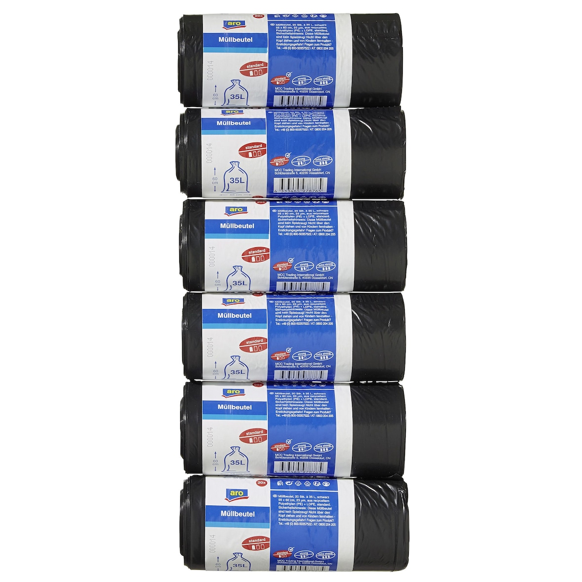 aro Bolsas de basura, LDPE / PE, 23 μm, 55 x 60 cm, 35 L, negro, 6 rollos x 20 unidades (120 unidades)