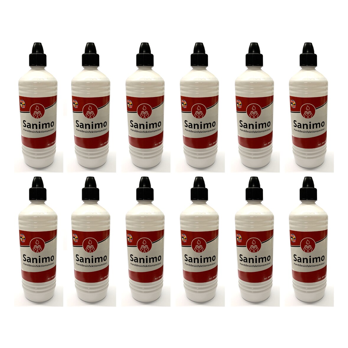 12x 1000ml Sanimo Handdesinfektionsmittel - anwendungsfertig - nach Rezept der WHO Desinfektionsmittel Hände Nachfüllflasche