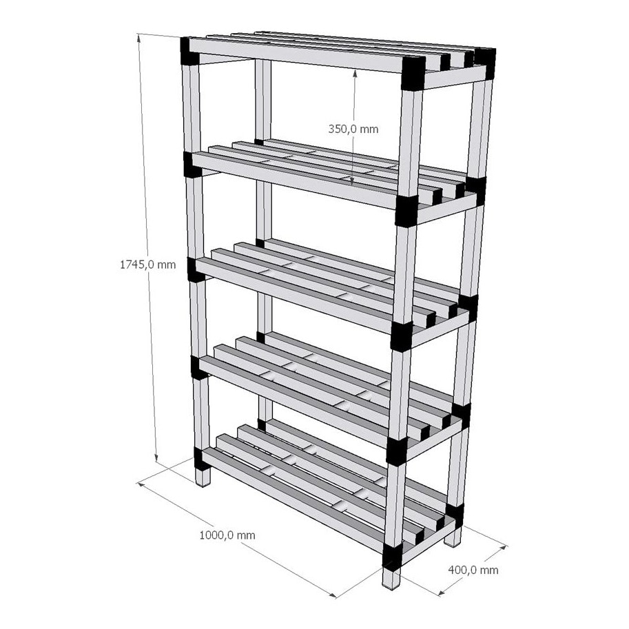Estantería estándar modular de resina1000 x 400 x 1745 mm. (h) 5 estantes GRIS