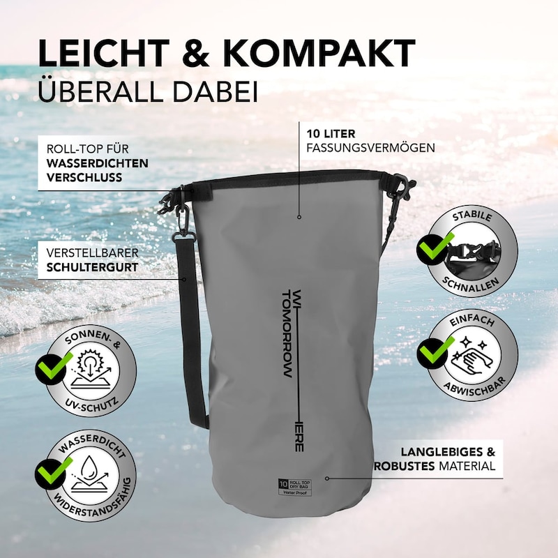 Grauer wasserdichter Rucksack mit 10 Liter Fassungsvermögen.