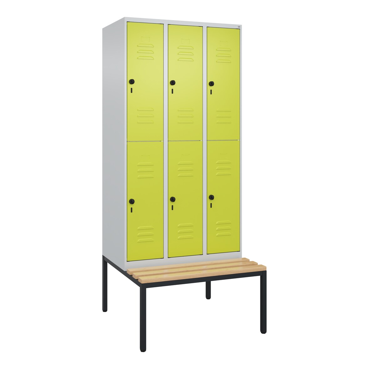 C+P Spind Classic PLUS, Buche untergebaute Sitzbank-Harthol, 6 Abteile, HxBxT 212x90x82cm, Sicherheitsdrehriegel, Hellgrau/Clowngrün von PROREGAL