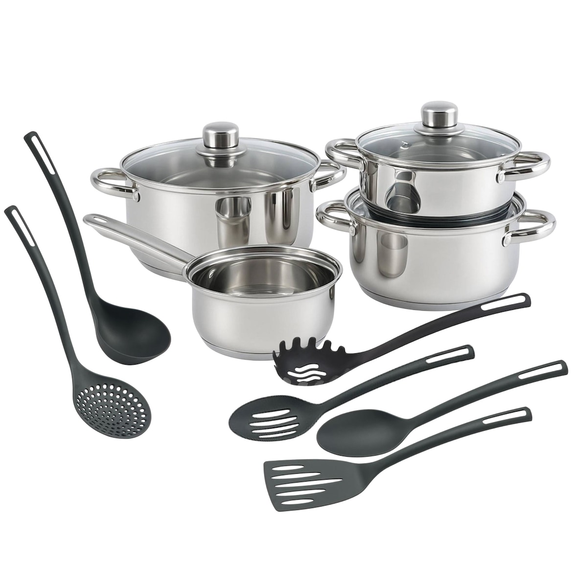 WellHome - Set di pentole in acciaio inossidabile da 7 pezzi con 6 utensili da cucina di base in PBT nero
