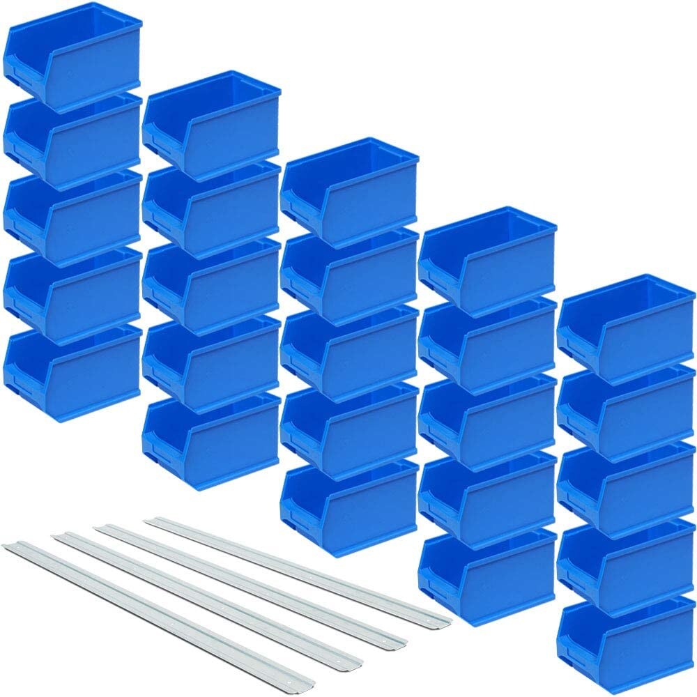25 Sichtlagerboxen LB4, blau, Inhalt 2,9 Liter, LxBxH 235 x 145 x 125 mm, inkl. 4 verzinkte Wand-Aufhängeschienen L 970 mm