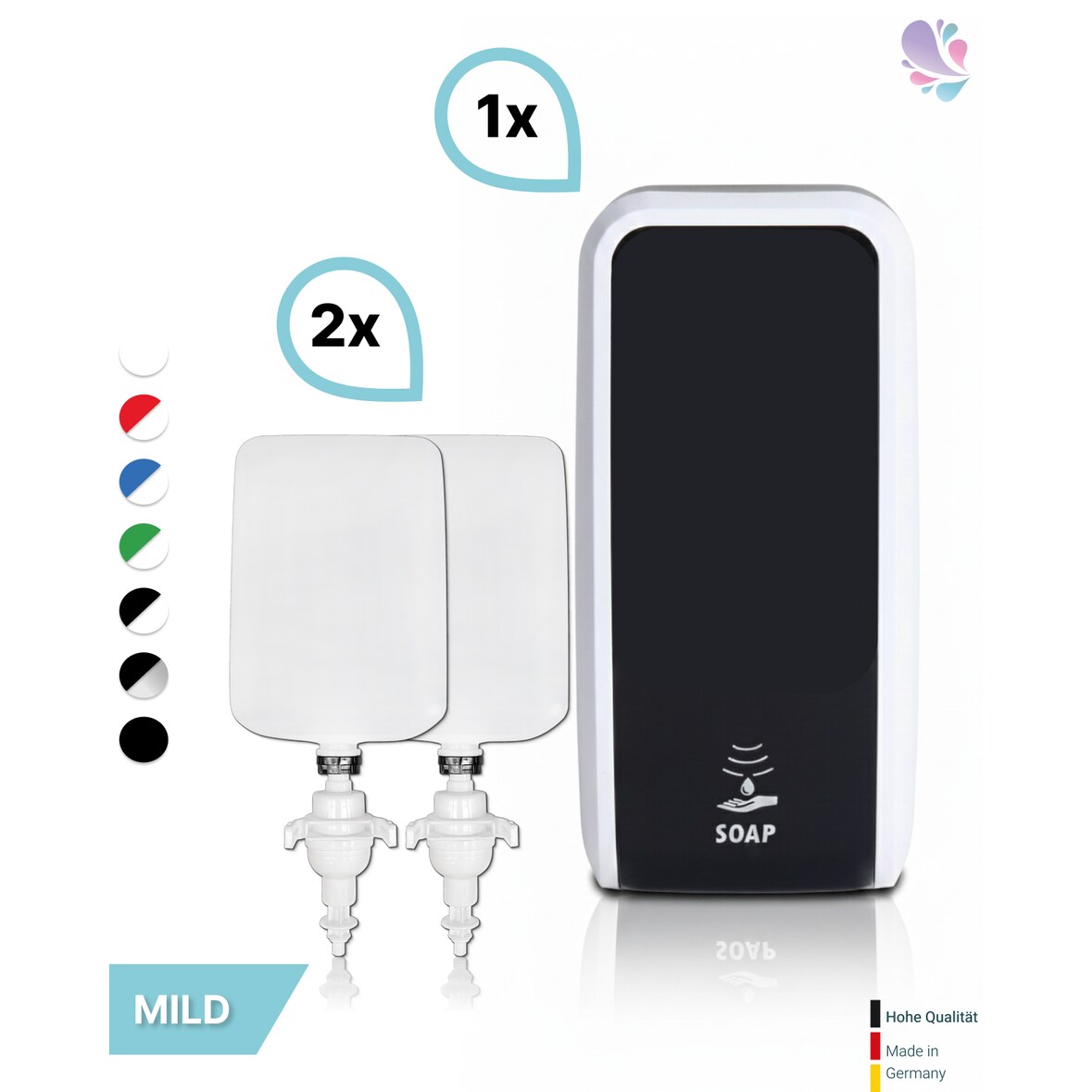 SET: Schaumseifenspender SENSOR, berührungslos Blanc Cosmos versch. Farben+2x 1-Liter Schaumseife mild - PRODUKTSET : Farbe - Schwarz / Weiß