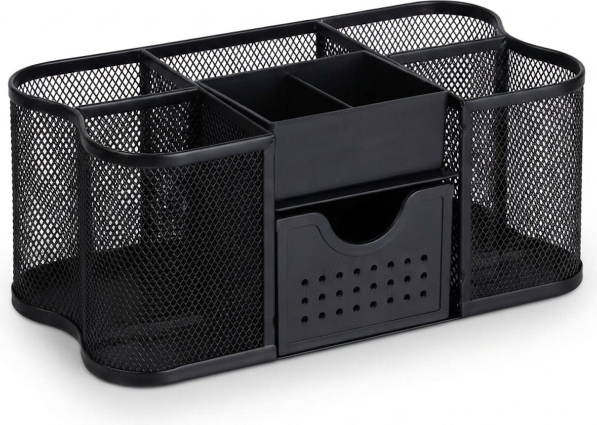 Relaxdays Schreibtisch Organizer, Büro Organizer mit Stiftehalter & Schublade, Metall, HBT: 10 x 23,5 x 11,5 cm, schwarz