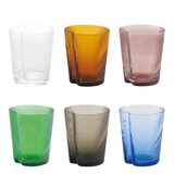 thumbnail of Set van 6 handige drinkglazen van gekleurd geblazen glas met een ergonomisch stapelbaar ontwerp en verticaal gegroefd oppervlak in diverse kleuren.