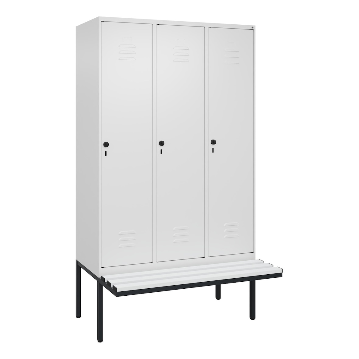 C+P Spind Classic PLUS, Kunststoff schwebende Sitzbank, 3 Abteile, HxBxT 212x120x82cm, Sicherheitsdrehriegel, Verkehrsweiß von PROREGAL