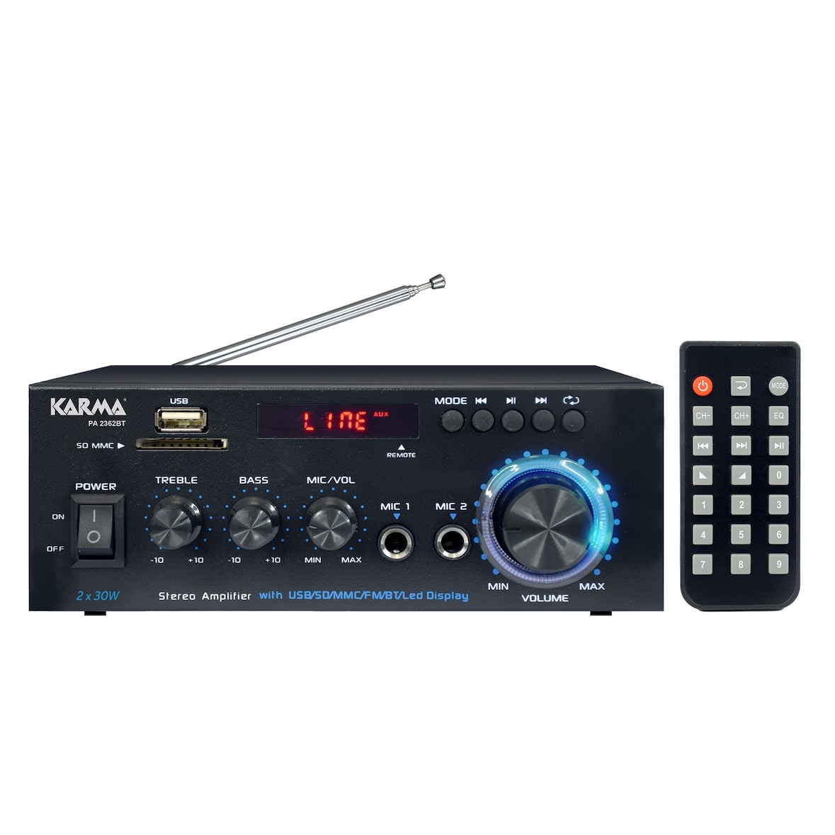 Amplificateur Stéréo HIFI Karma PA-2362BT, 2x 30W, USB SD Bluetooth, RADIO FM, télécommande, 2 entrées microphones