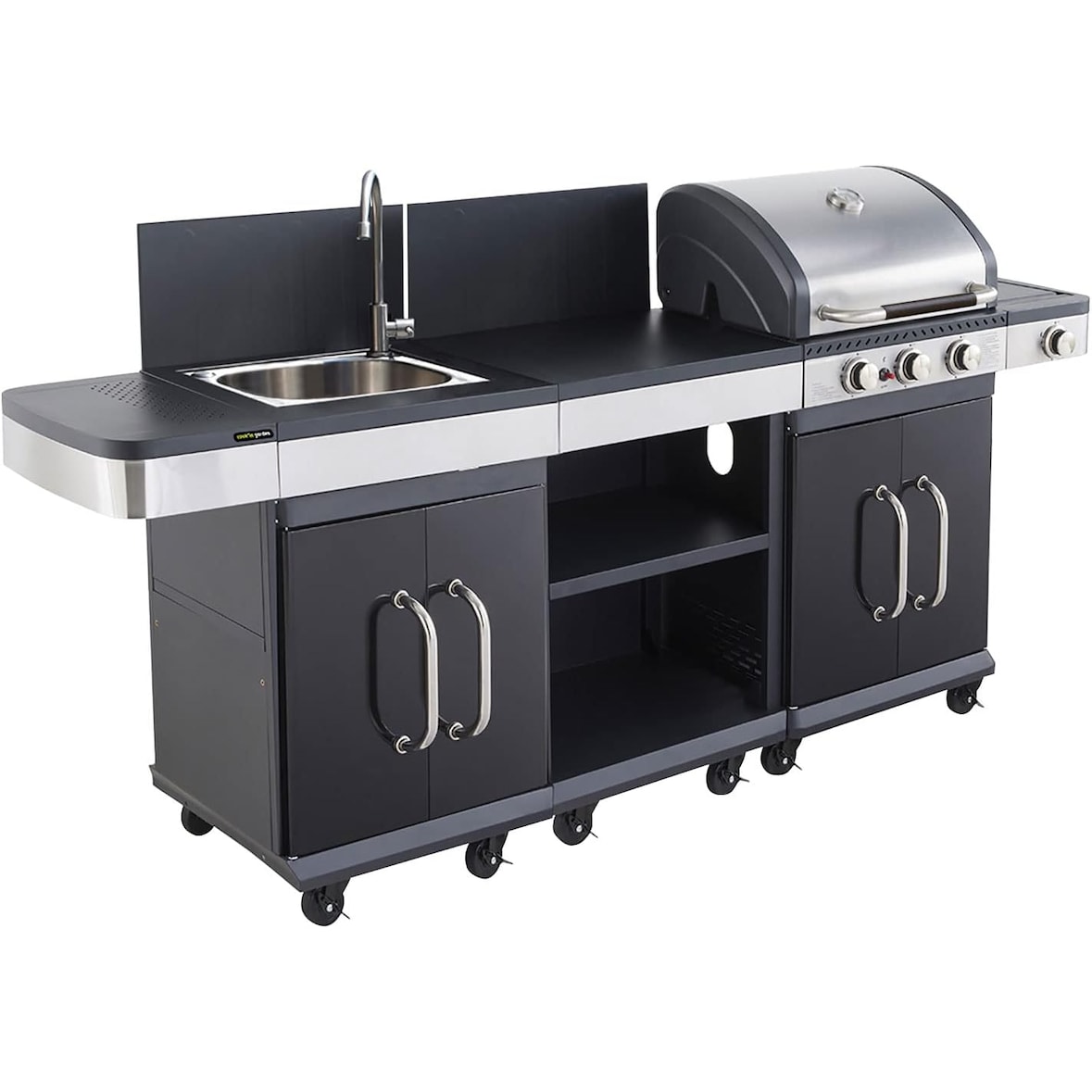 MF - Cozinha Exterior FIDGI 3 Queimadores + Aparador + Pia – Chapa e Grelha Ferro Fundido – Churrasqueira p/ 8 Pessoas