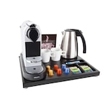 thumbnail of Willkommenstablett SUPREME Schwarz-Braun mit Wasserkocher STYLE 1,0 L Edelstahl und 2 weiße Porzellantassen mit A5 Prospekthalter OHNE KAFFEEMASCHINE