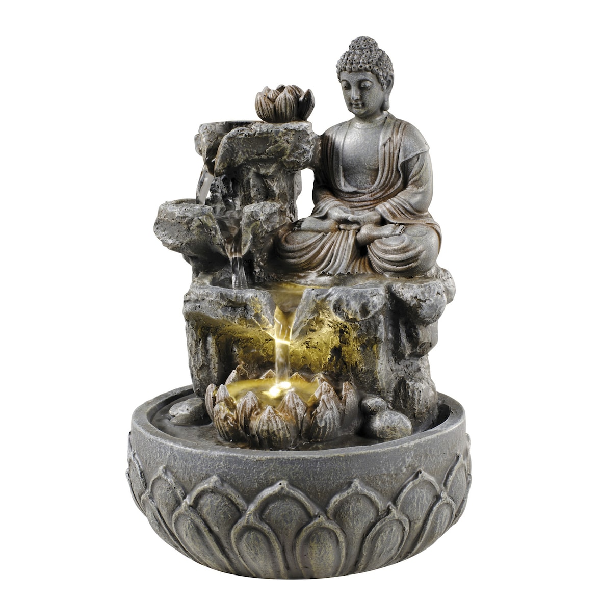 Brunnen LED Buddhafigur Kaskaden Zimmerbrunnen H: 25cm Tischbrunnen